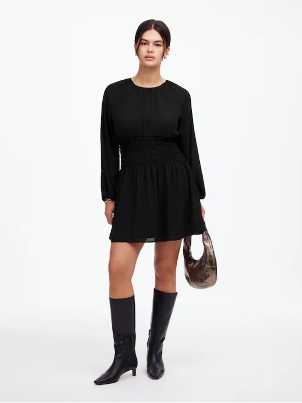 Madewell Black Chiffon Smocked Waist Long Sleeve Mini Dress M NWT